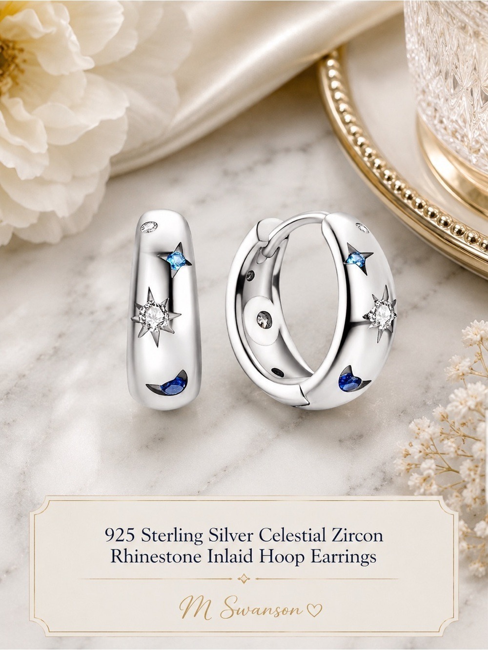 NEW 925 Sterling Silver Celestial Hoop Earrings Blue & White Zircon Stars Moons